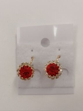 NEW! Goldoro Yellow Gold Filled Drop Earrings with Red Crystal Halo